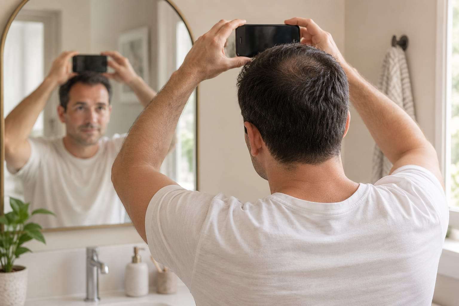 A man photographing the top of his head with a phone in front of a bathroom mirror