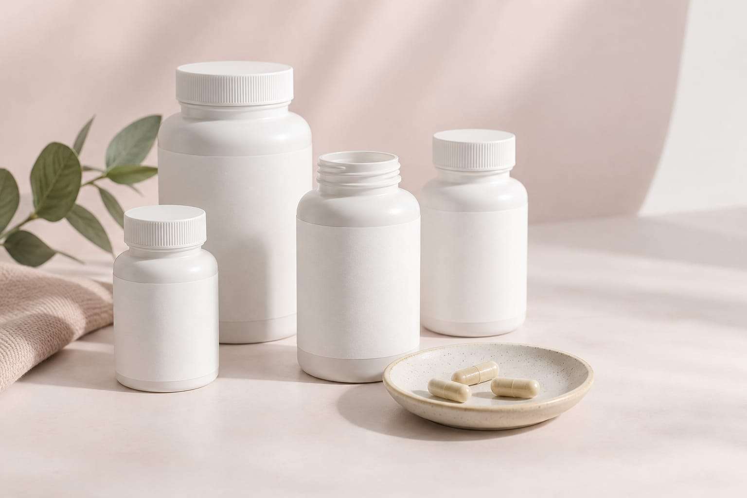 Four unbranded supplement bottles with blank labels and a few capsules on a small dish