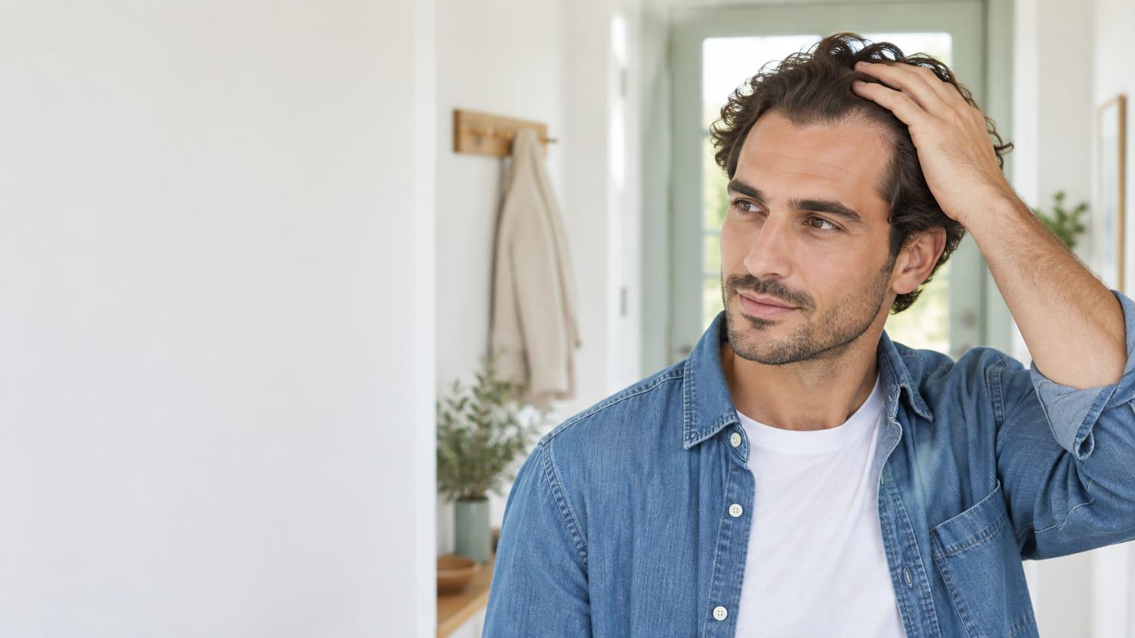 A man in his early thirties standing in a bright hallway, pushing his dark hair back from his forehead with one hand, his hairline a little higher at the temples