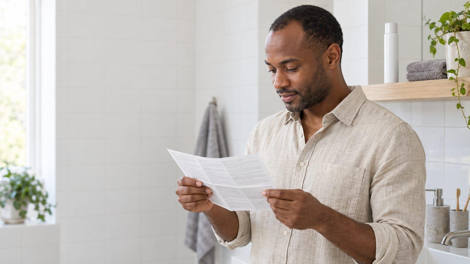 A man in his mid thirties with very short dark hair standing in a bright bathroom, calmly reading the paper leaflet from a medicine pack