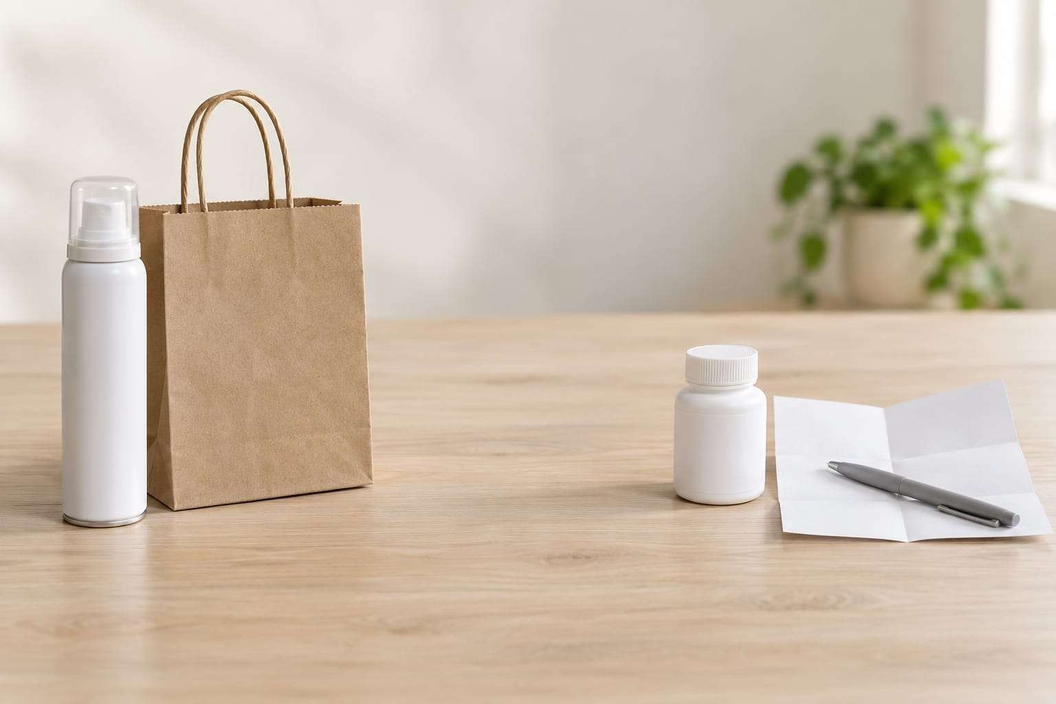 A white foam can beside a small paper shopping bag on the left, and a small tablet bottle beside a folded blank sheet of paper and a pen on the right, on a pale wooden table
