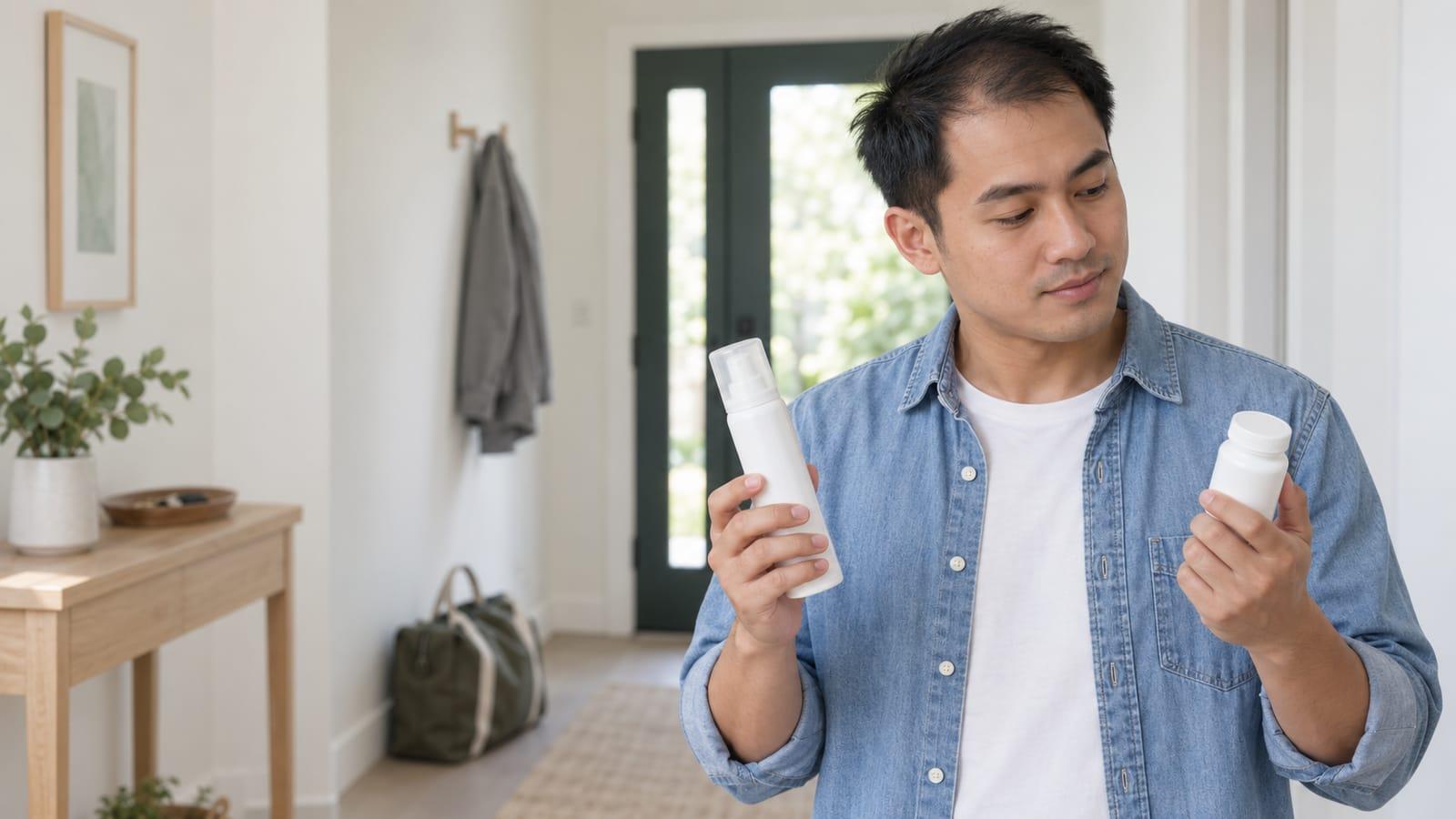 A man in a denim shirt standing in a bright hallway, holding a white foam can in one hand and a small tablet bottle in the other and looking from one to the other