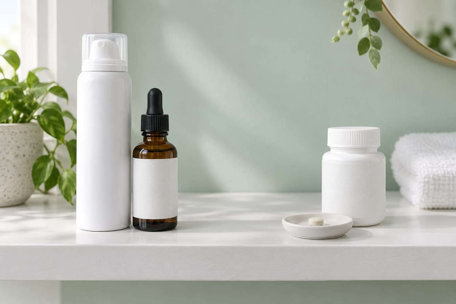 A white foam can and an amber dropper bottle standing together on a bathroom shelf, and set apart from them a small tablet bottle with a single tablet on a white dish