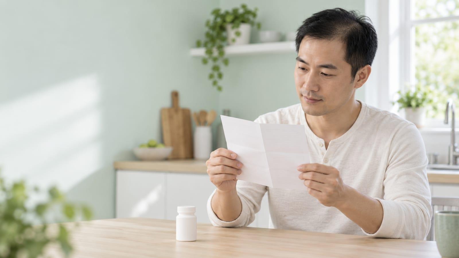 A man in his late thirties sitting at a kitchen table by a window, reading a folded paper leaflet, with a small white tablet bottle on the table in front of him