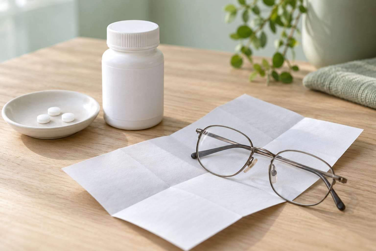 A small white tablet bottle with a blank label, three small round white tablets on a ceramic dish and a partly unfolded blank paper leaflet with a pair of reading glasses resting on it, on a pale wooden table
