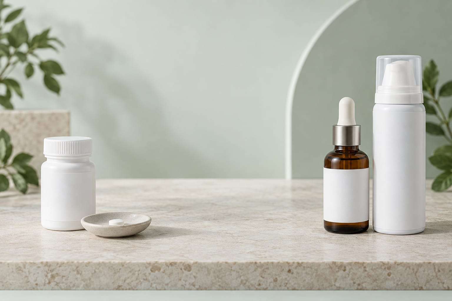 On the left, a small white tablet bottle with a blank label and one round white tablet on a dish. On the right, an amber dropper bottle and a slim white foam can with blank labels, with clear space between the two groups