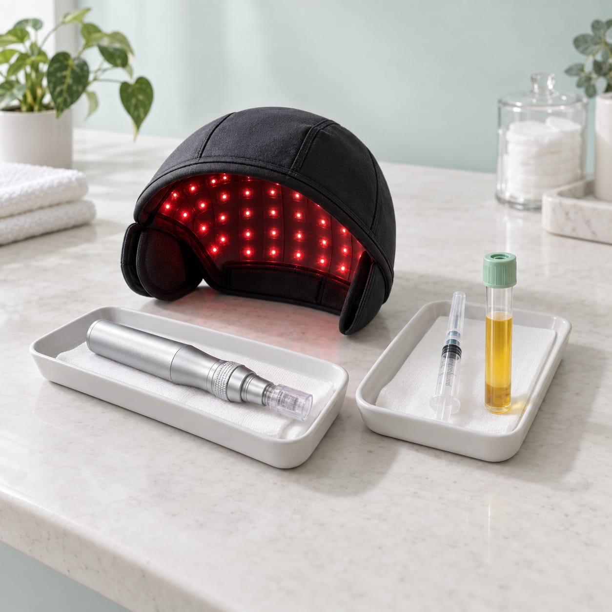 A red-light hair cap, a capped microneedling pen, and a syringe beside a sealed tube of golden plasma