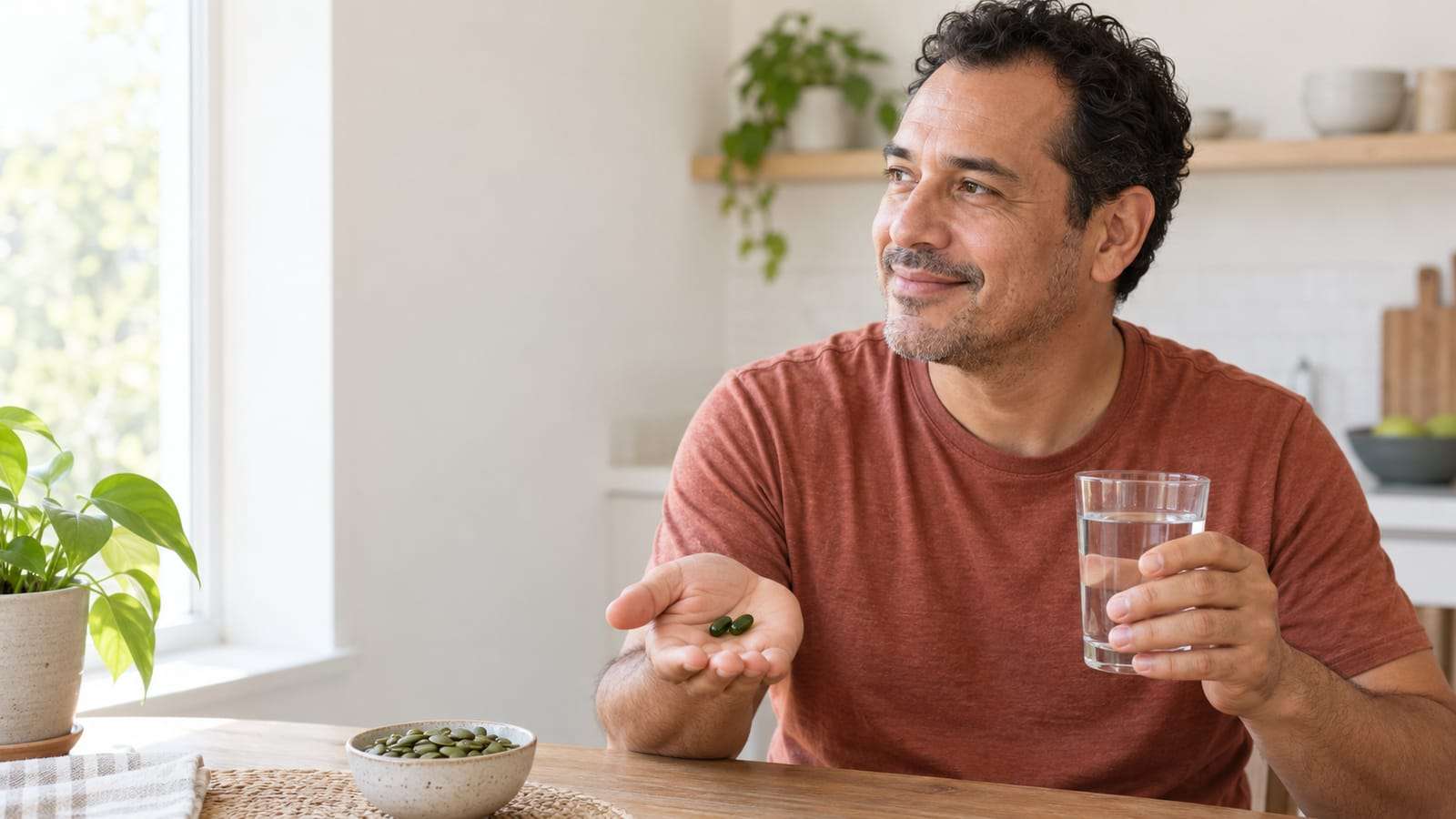 A man at a breakfast table holding two dark green softgel capsules in his palm and a glass of water