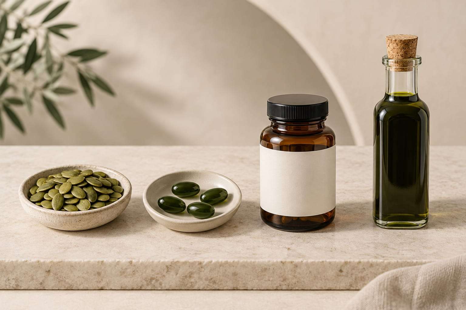 A dish of green pumpkin seeds, a dish of dark green softgel capsules, an amber supplement bottle with a blank label and a slim bottle of dark green cooking oil