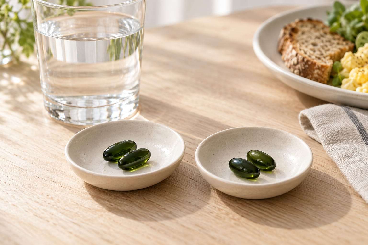 Two small white dishes, each holding two dark green softgel capsules, beside a glass of water and a breakfast plate