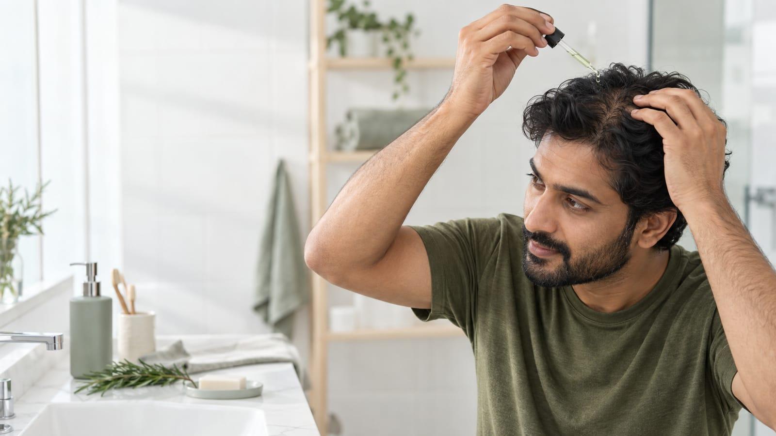 A man in a bathroom parting the hair at his crown and holding a small glass pipette of pale lotion above his scalp