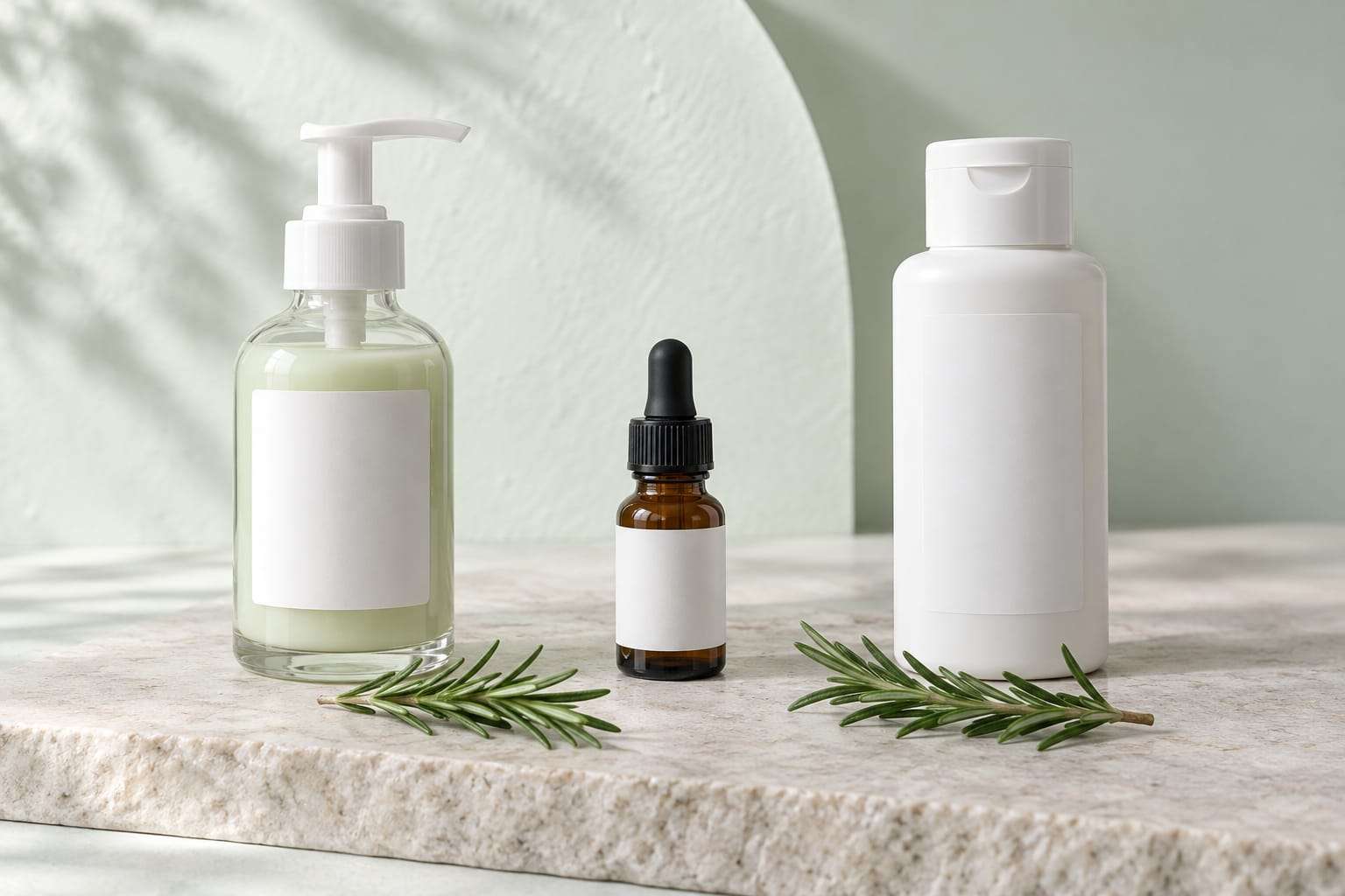 A pump bottle of pale green lotion, a small amber essential-oil vial and a white shampoo bottle, with fresh rosemary sprigs in front