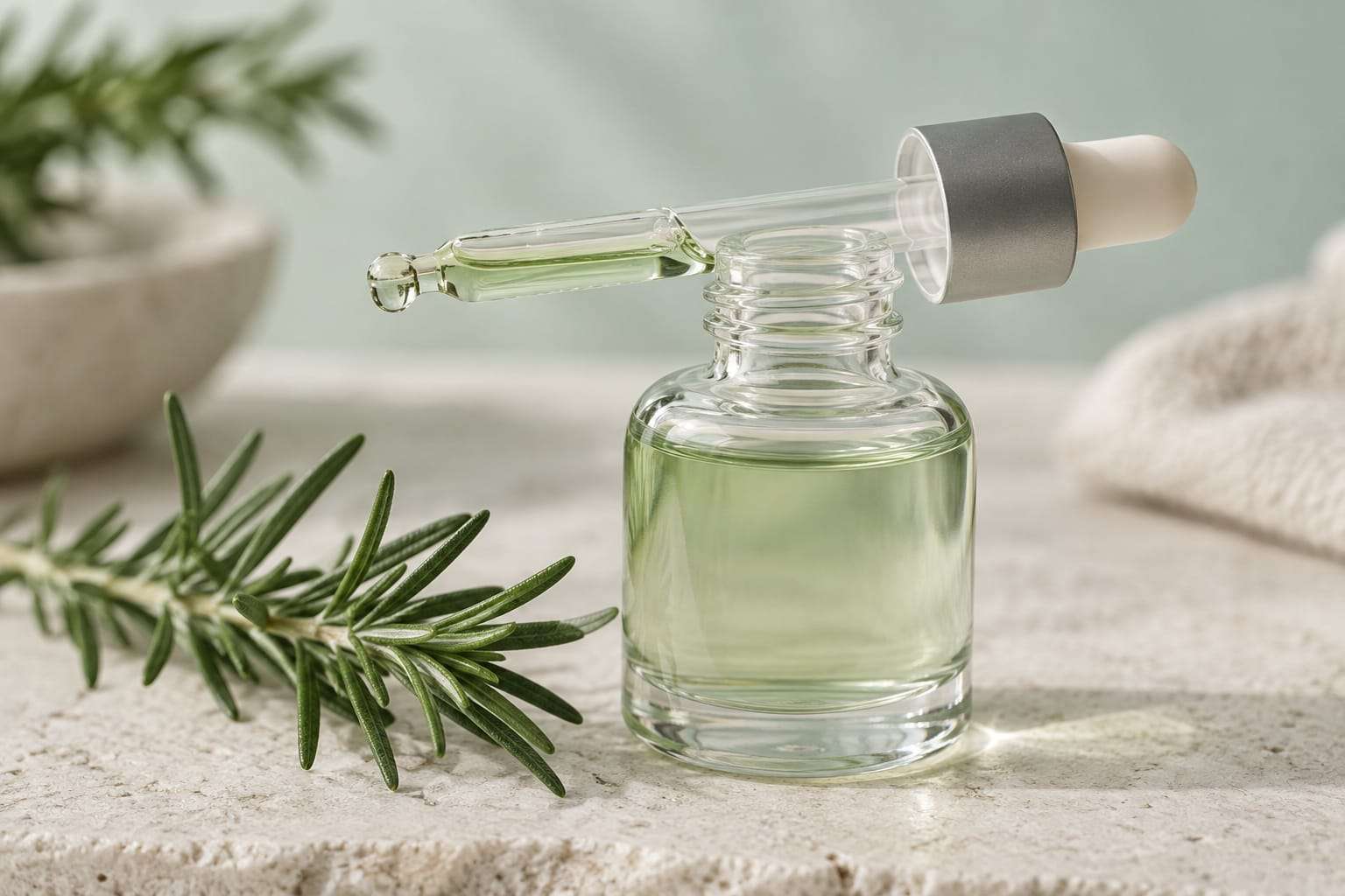 A glass pipette holding a small amount of pale green lotion, resting on a small glass bottle, with a sprig of rosemary beside it