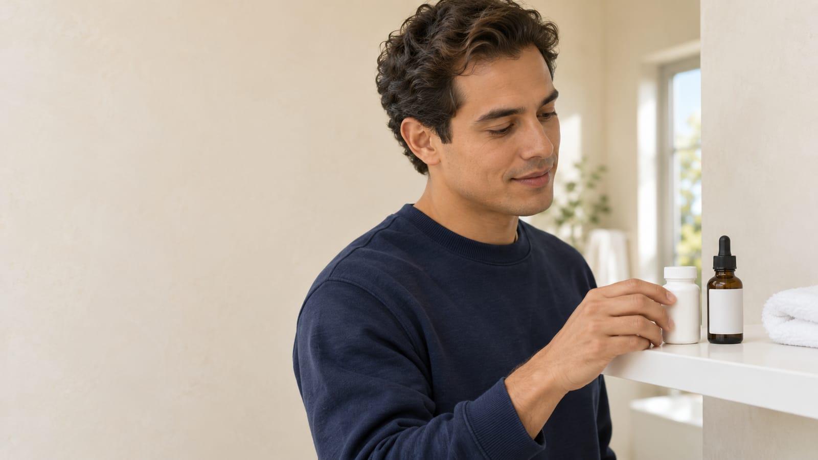 A man in his late twenties at a bathroom shelf, setting a small white tablet bottle down next to an amber dropper bottle