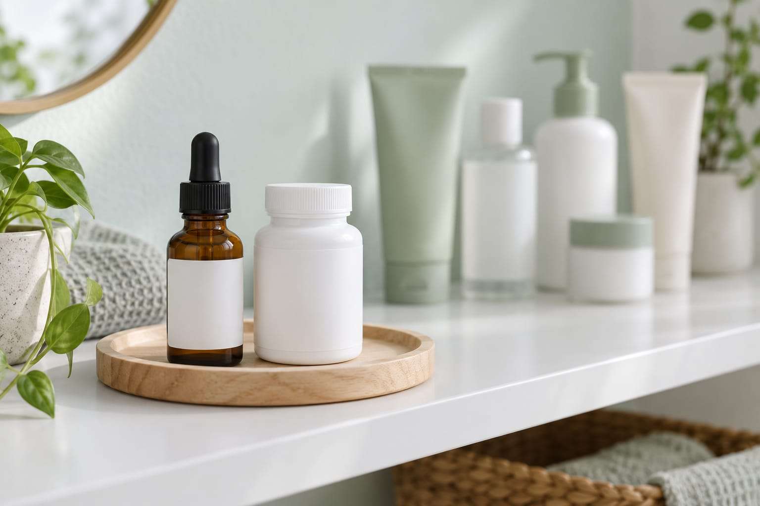 A small tray holding one amber dropper bottle and one white tablet bottle, both with blank labels, with several other unbranded bottles pushed to the back of the shelf out of focus