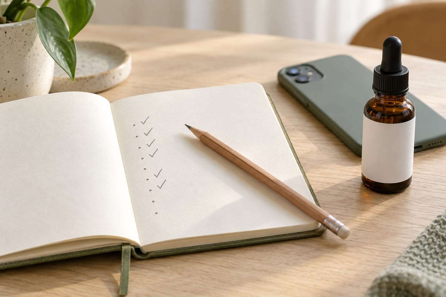A notebook with pencil marks and a pencil beside a face-down phone and a blank-labelled amber dropper bottle