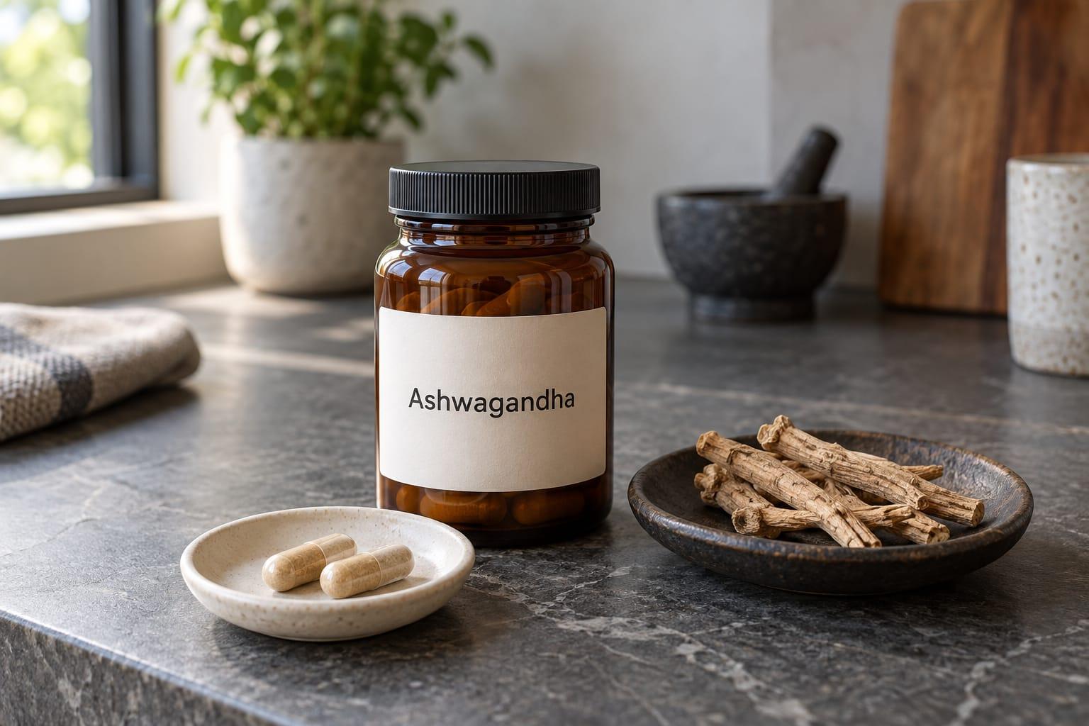 Illustrative generated photograph of ashwagandha root beside a generic supplement jar and separate capsule dish