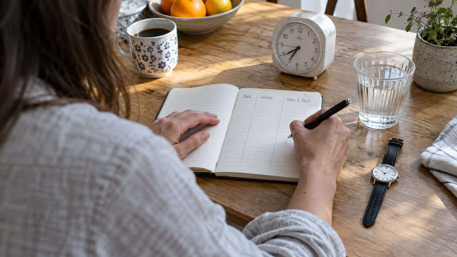 An adult completing a sleep diary at a table in daylight