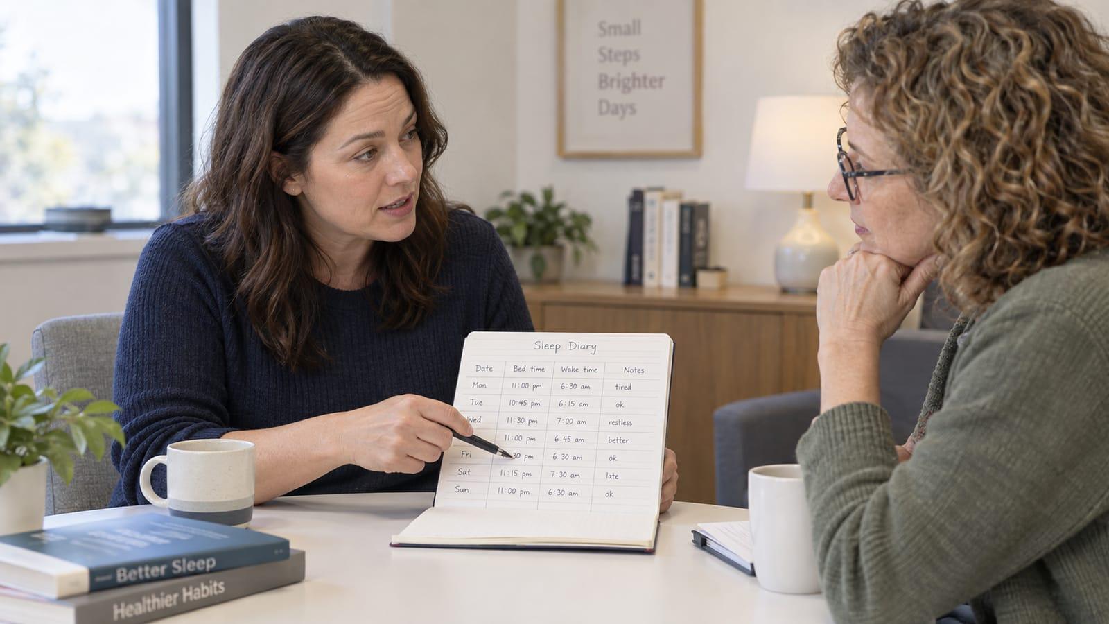 An adult discussing a sleep diary with a therapist in a bright consultation room