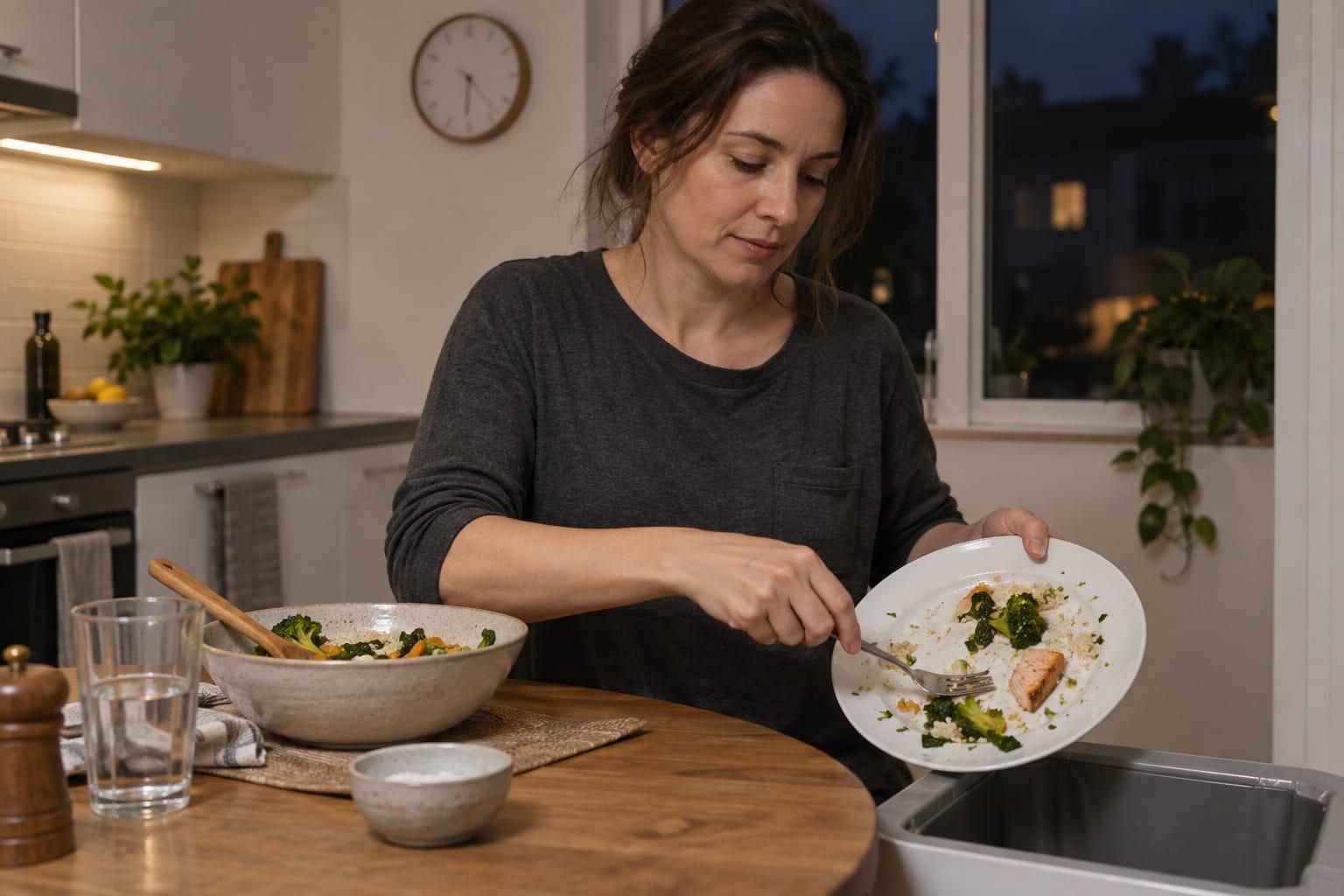 A woman clearing a partly finished evening meal from a plate at a kitchen table, with a dark window and wall clock behind her