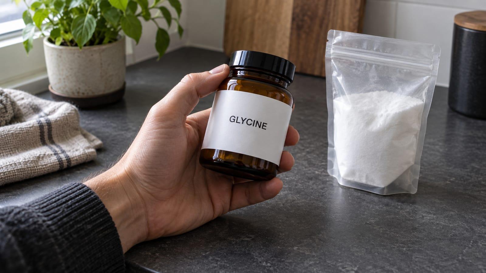 Generated editorial photograph of an adult hand holding a plain jar labelled Glycine beside a powder pouch