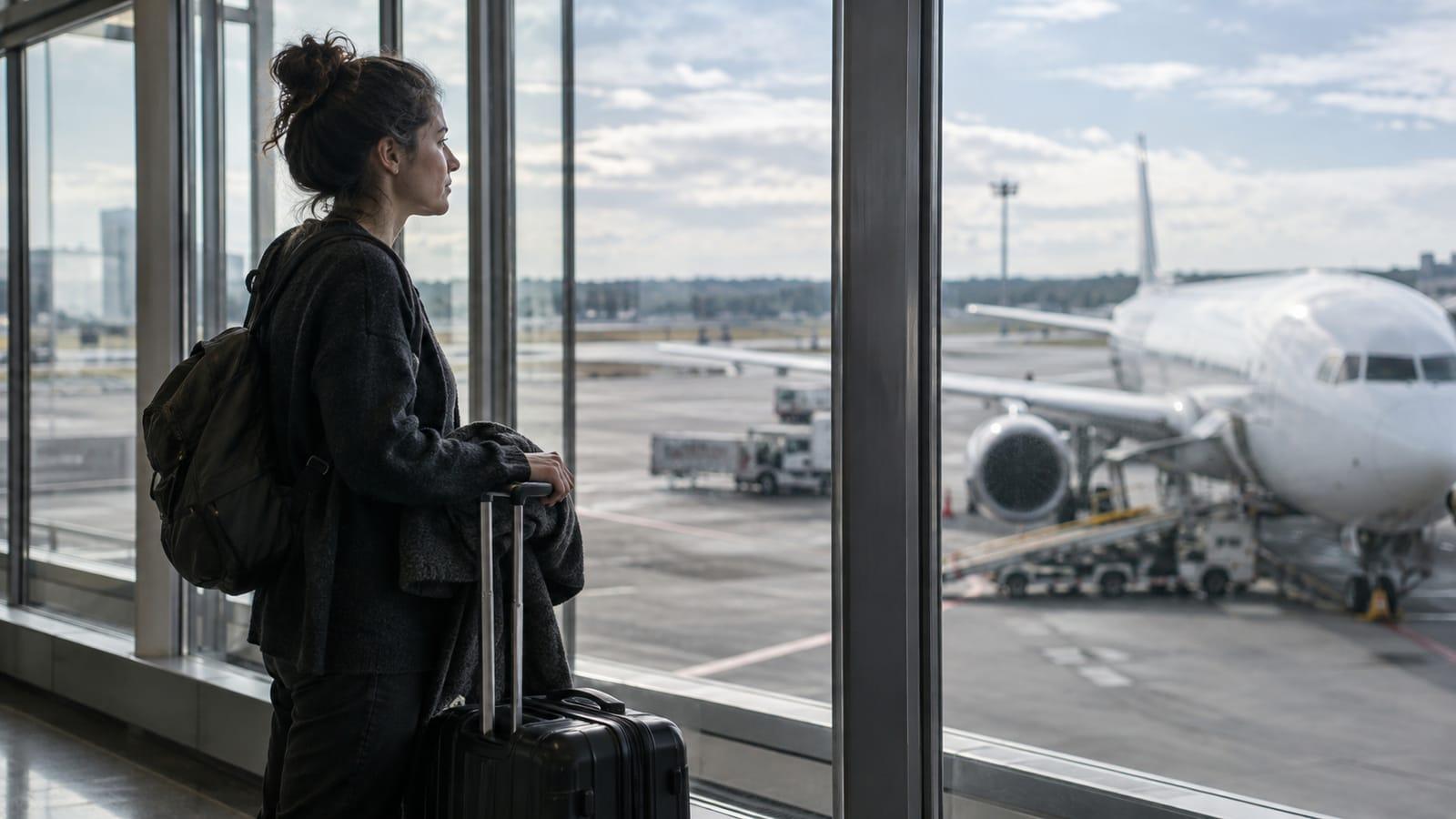 A woman with a suitcase looking through an airport window towards an aircraft