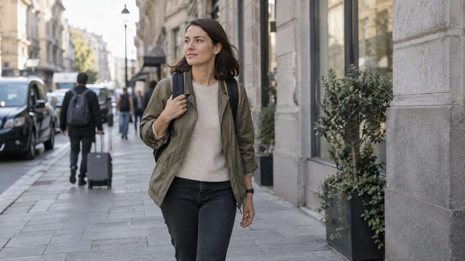 A woman with a backpack walking along a city street in daylight