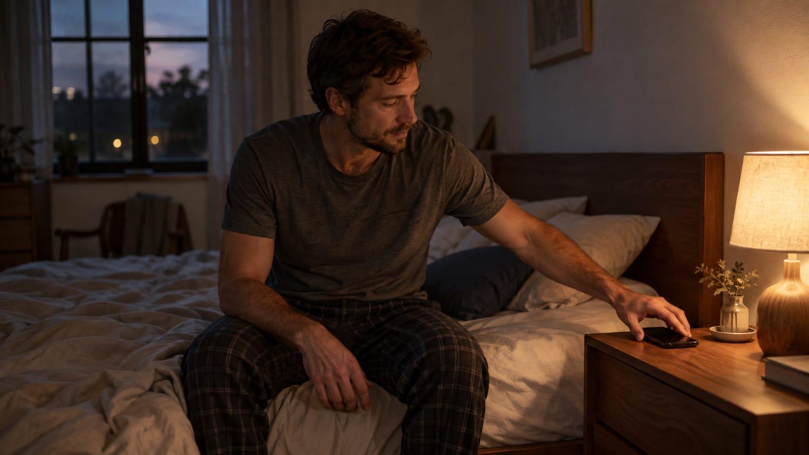 A man placing his phone on a bedside table beside a lit lamp at dusk