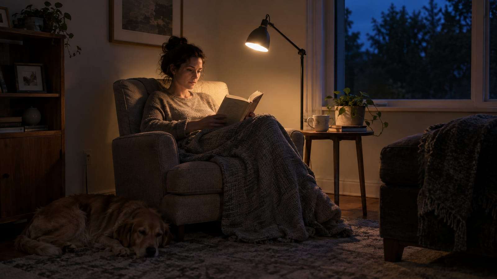 A woman reading a book in an armchair under a task lamp at dusk