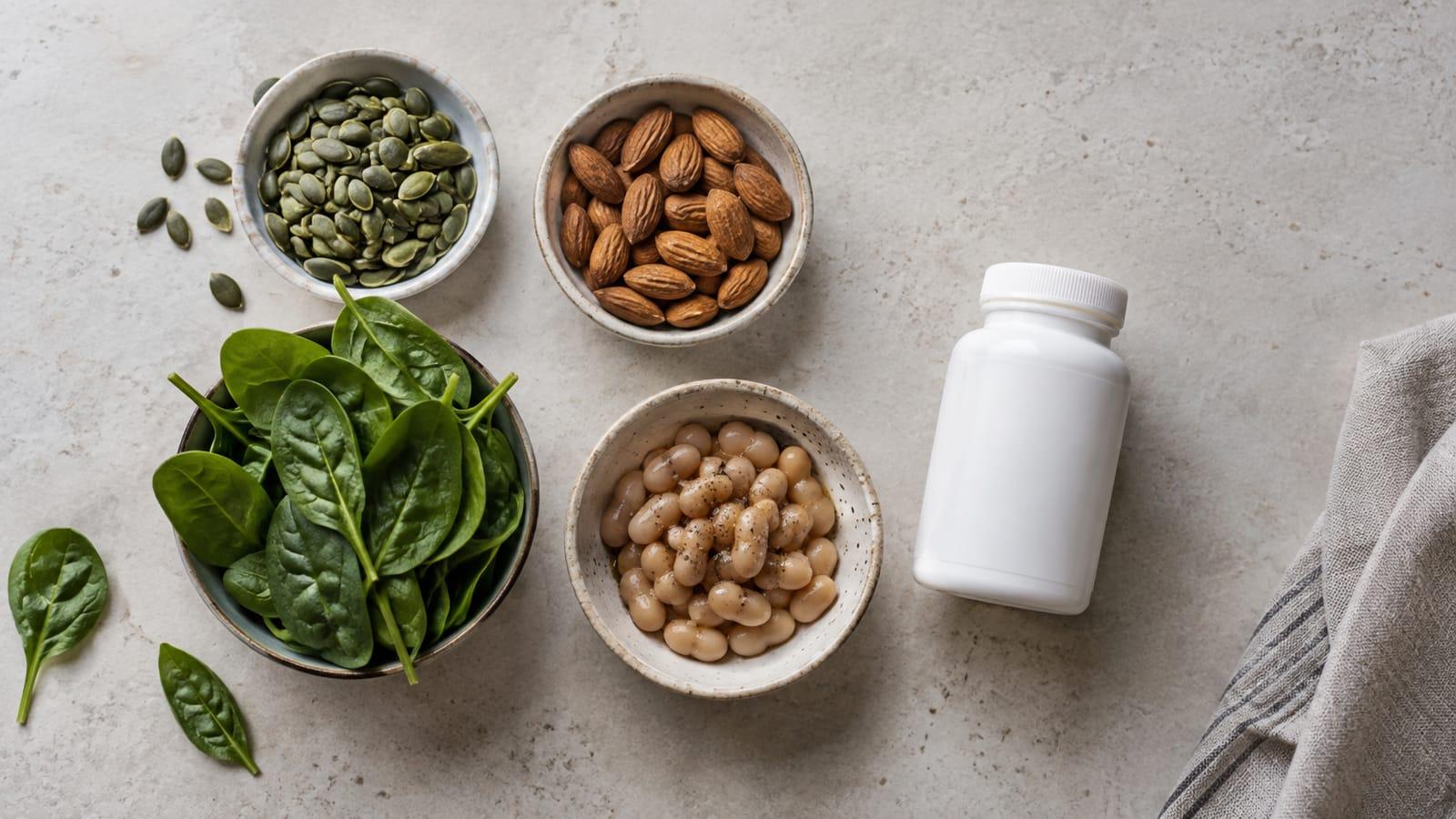 Generated editorial arrangement of pumpkin seeds, almonds, leafy greens and beans beside an unbranded supplement bottle