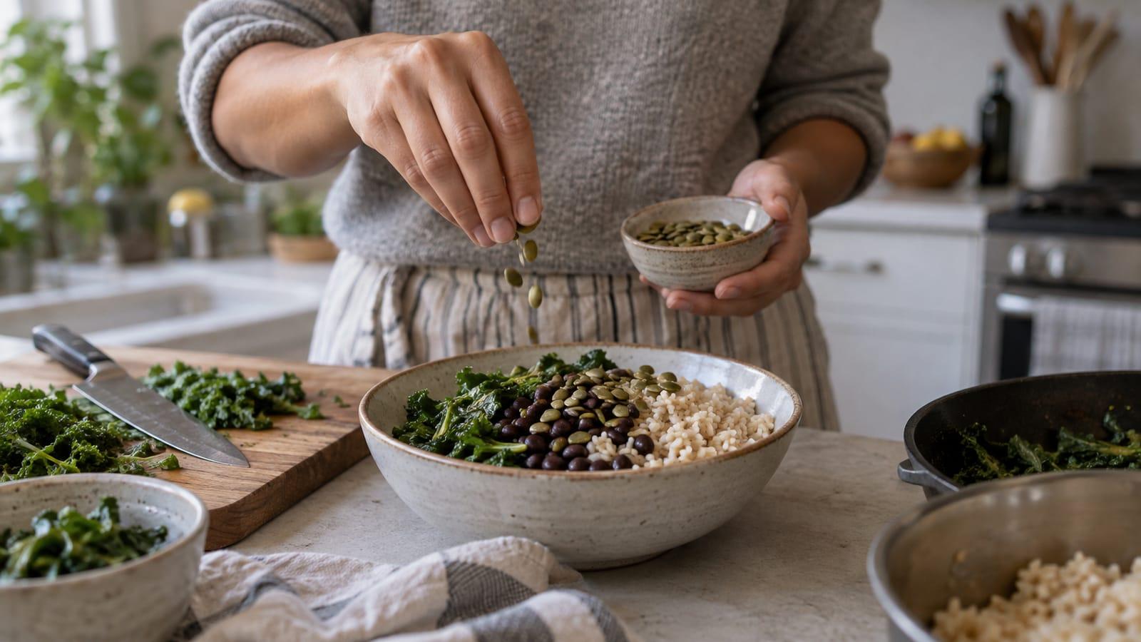 Generated scene of an adult sprinkling pumpkin seeds over a bowl of leafy greens, beans and grains