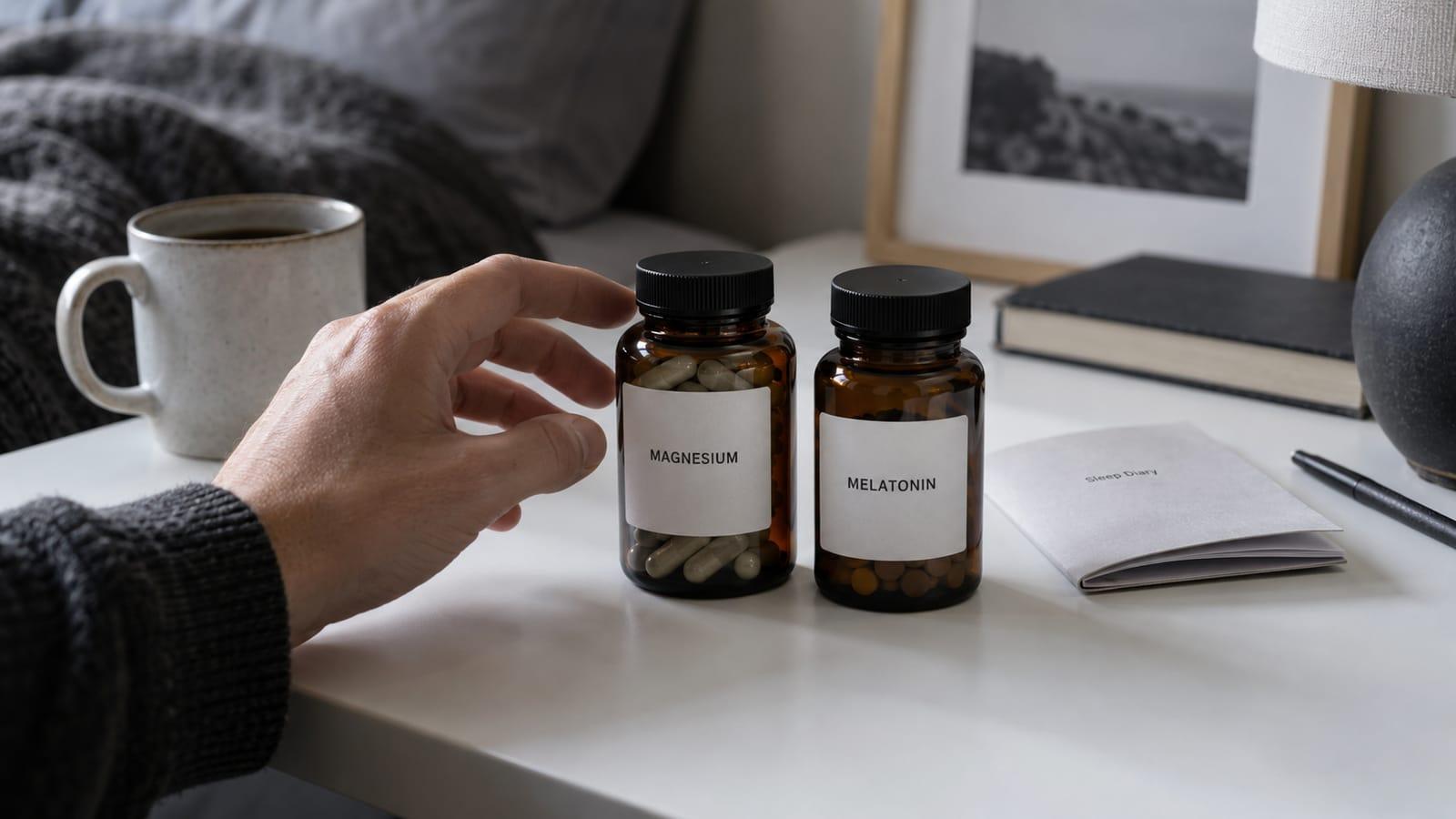 Generated editorial scene of an adult comparing two unbranded sleep supplement products beside a notebook