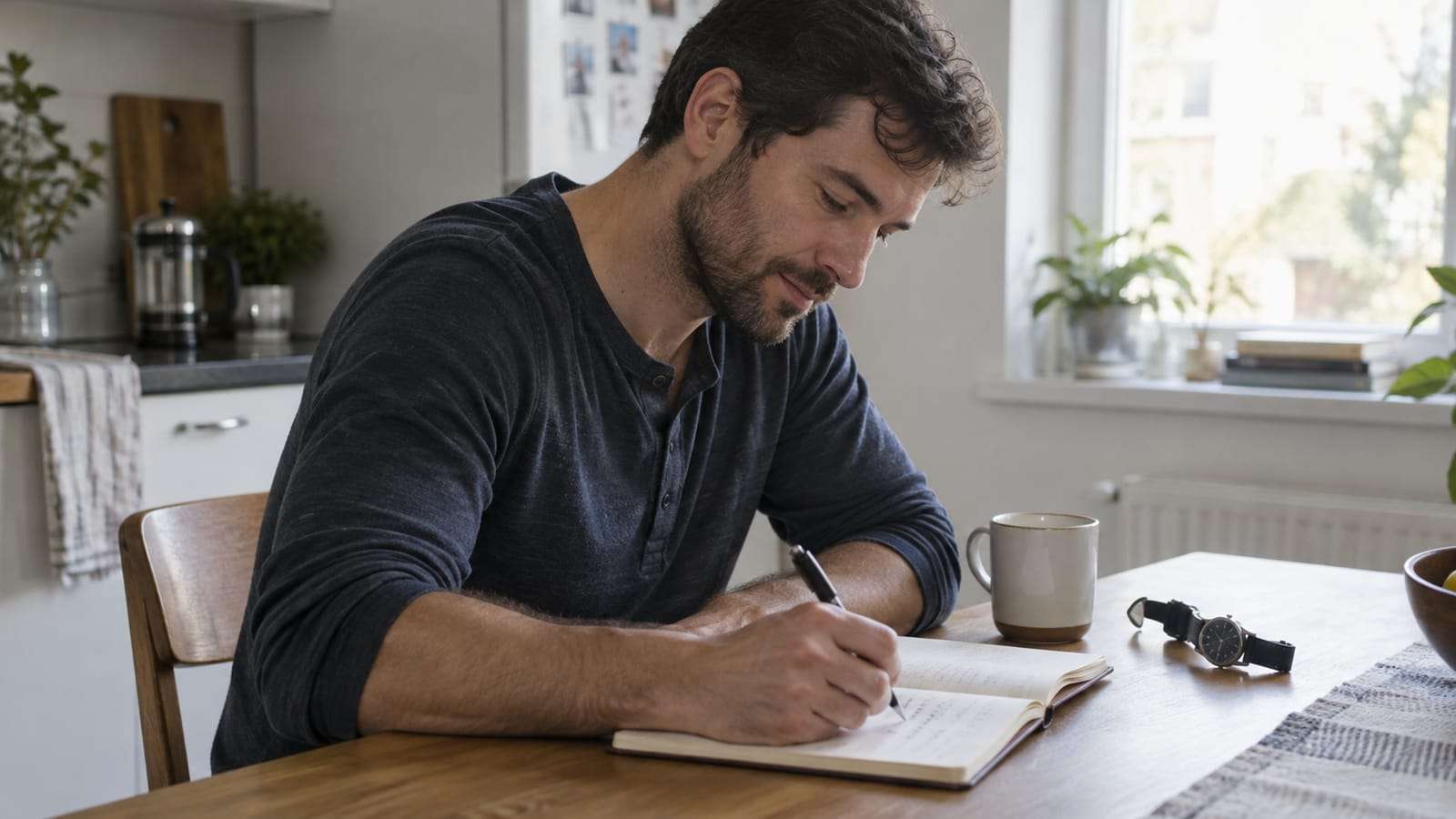 A man recording his sleep in a notebook at a kitchen table