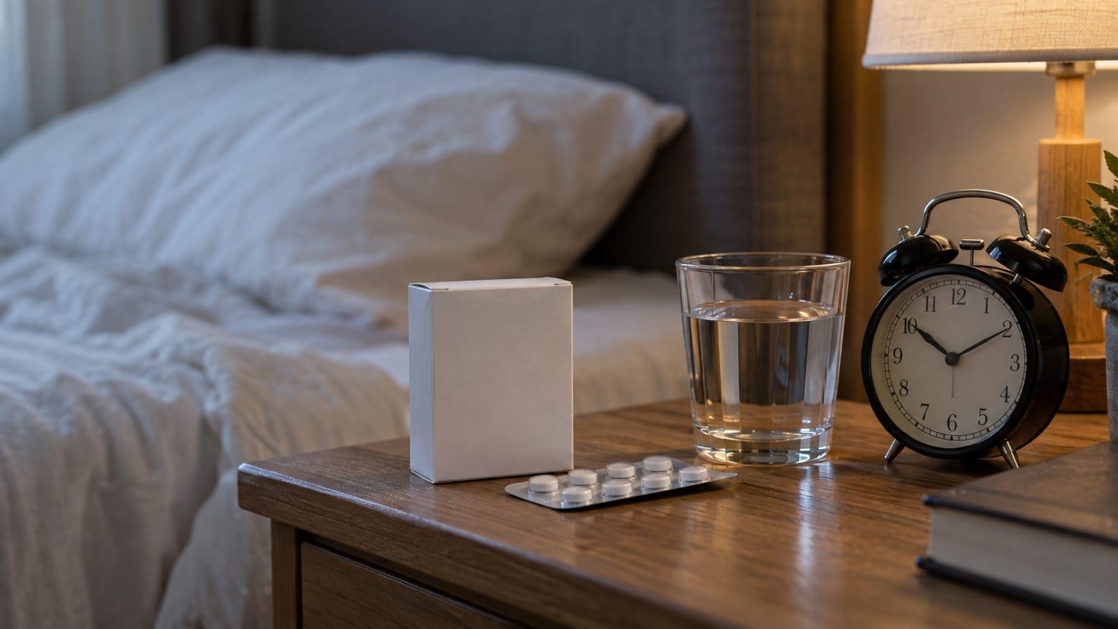 Generated editorial scene of an unbranded tablet pack and water beside an alarm clock and bed