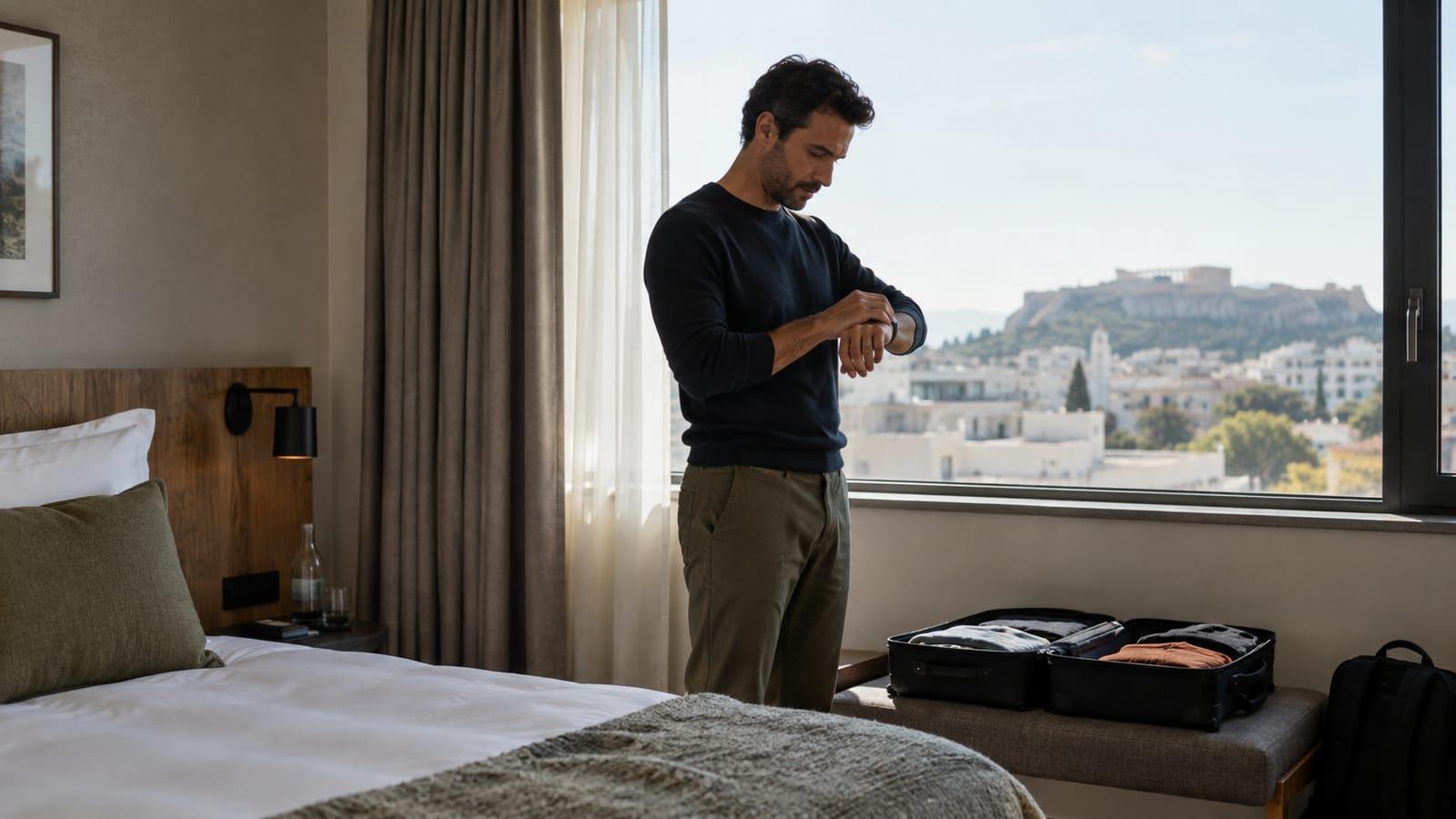 Generated scene of a traveller checking his watch beside a hotel window and open suitcase