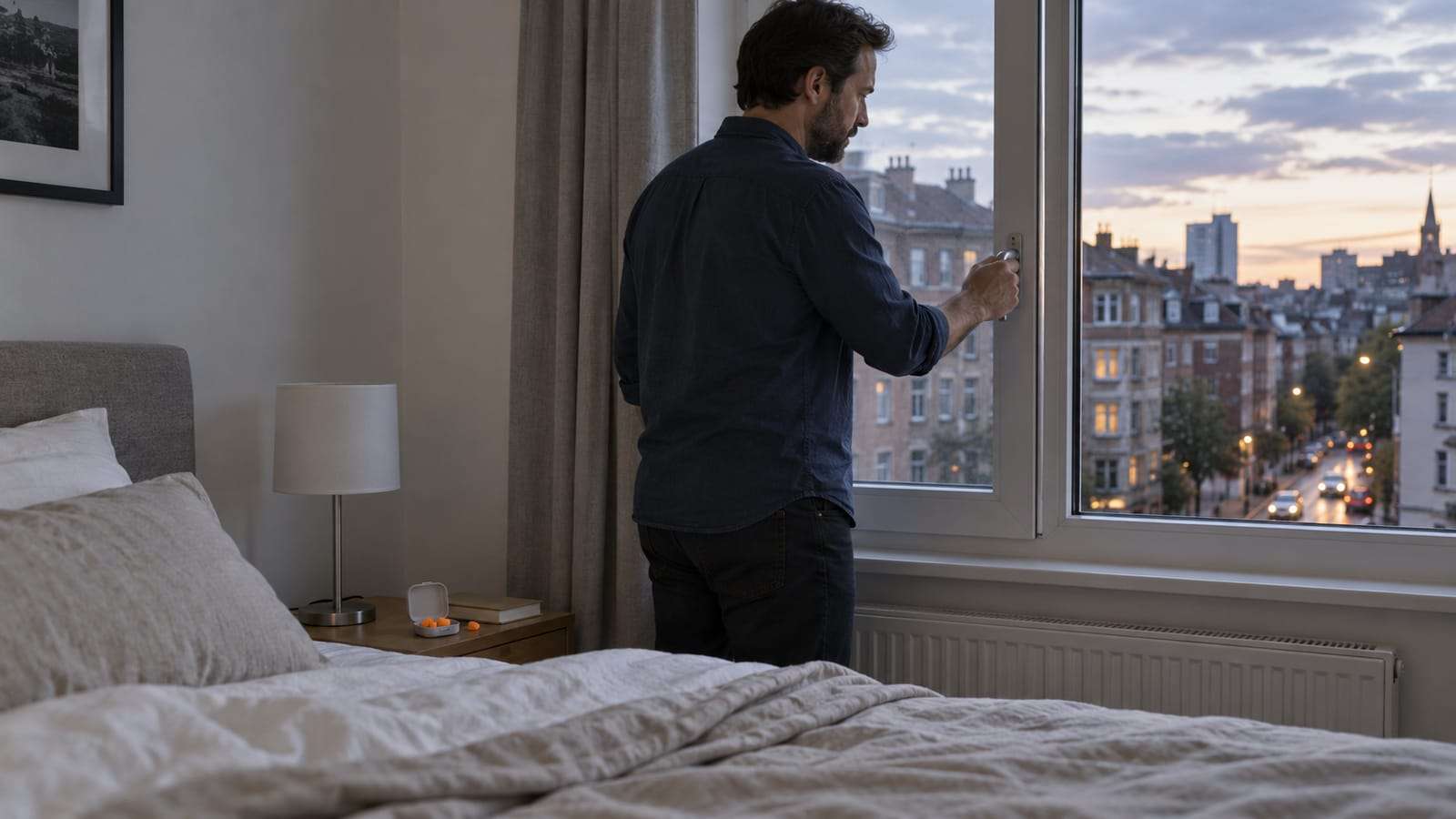 A man closing a bedroom window overlooking a city street, with an earplugs case on the bedside table