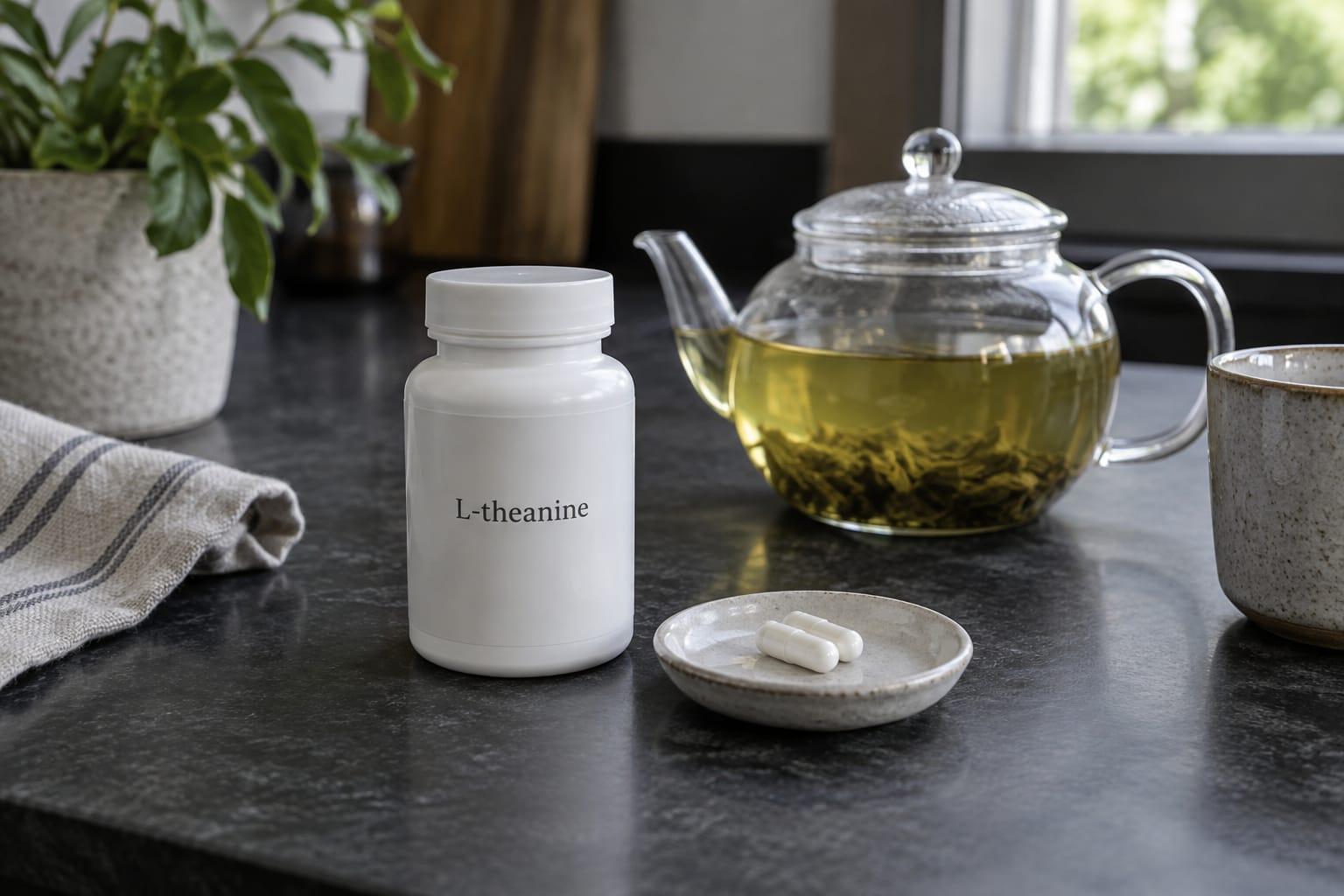 Illustrative generated photograph of tea behind a generic supplement jar and separate capsule dish