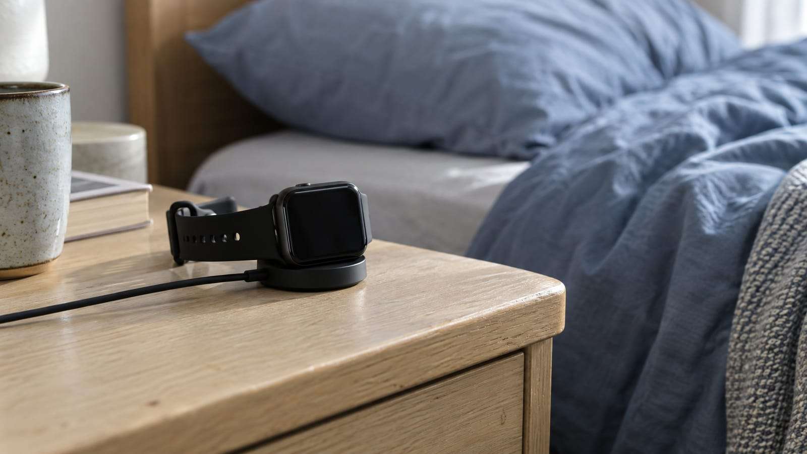 An unbranded wrist tracker with an inactive screen on a charging puck beside a bed