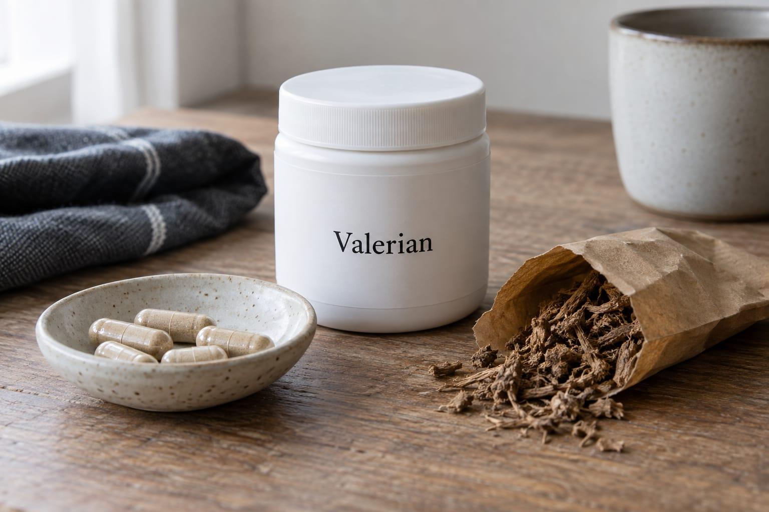 Illustrative generated photograph of dried valerian root beside a generic supplement jar and separate capsule dish
