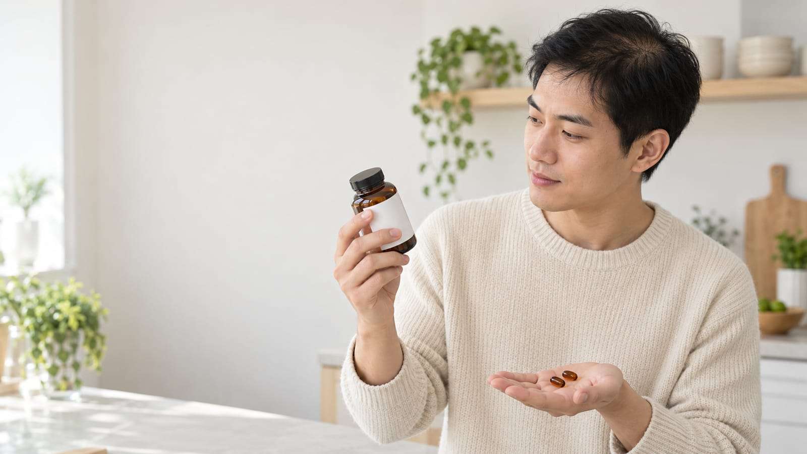 A man at a kitchen counter reading the back of a small amber supplement bottle, with two softgel capsules in his other hand