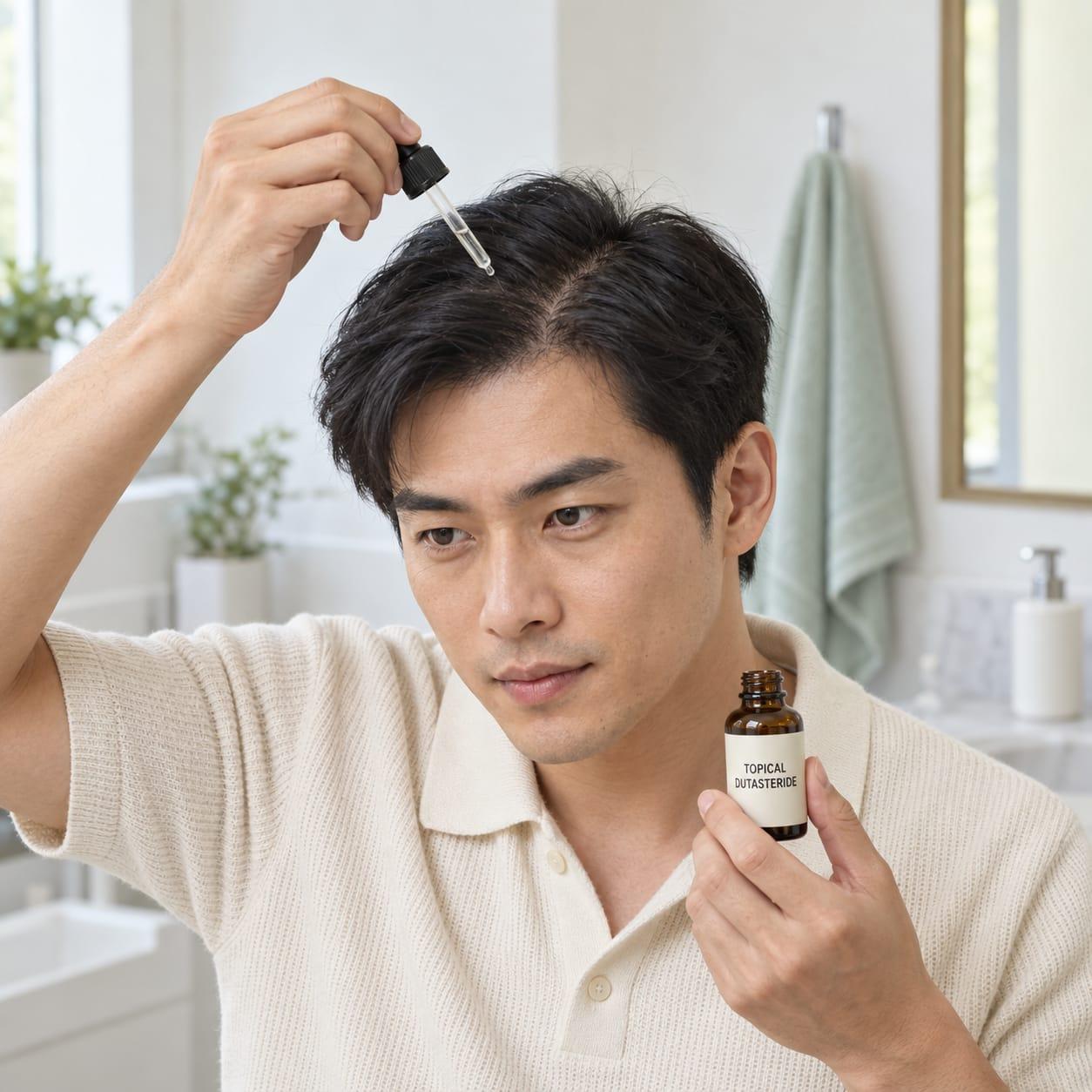 A man holding a dropper above his parted scalp and a generic bottle labelled topical dutasteride