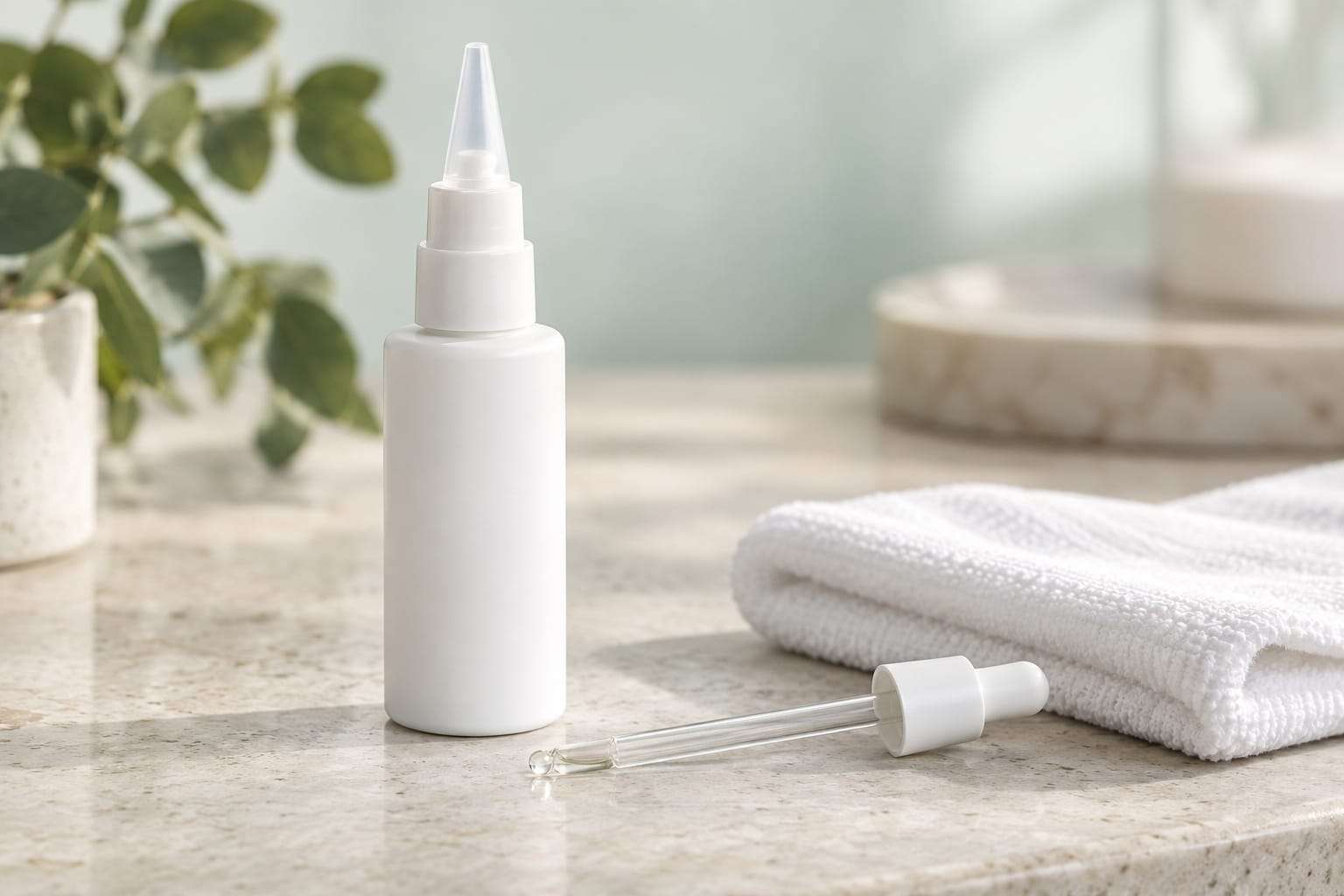 A slim white pump-spray bottle with a translucent cone-shaped applicator on its nozzle, standing next to a small glass pipette on a pale stone surface