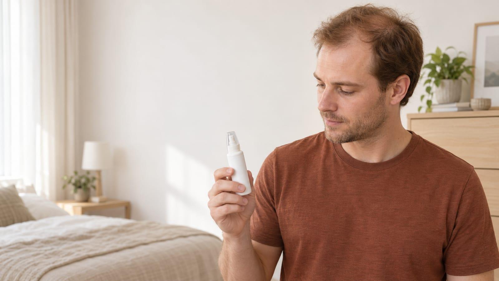 A man in his early thirties in a bright bedroom, holding a slim white pump-spray bottle and looking at it