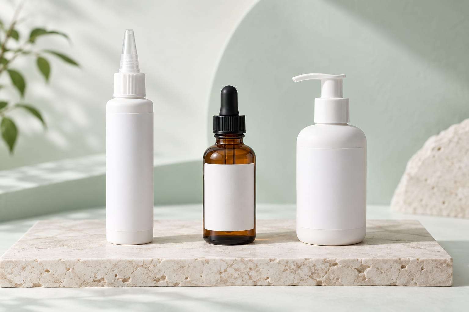 Three unbranded containers: a pointed applicator bottle, an amber dropper bottle and a white pump bottle