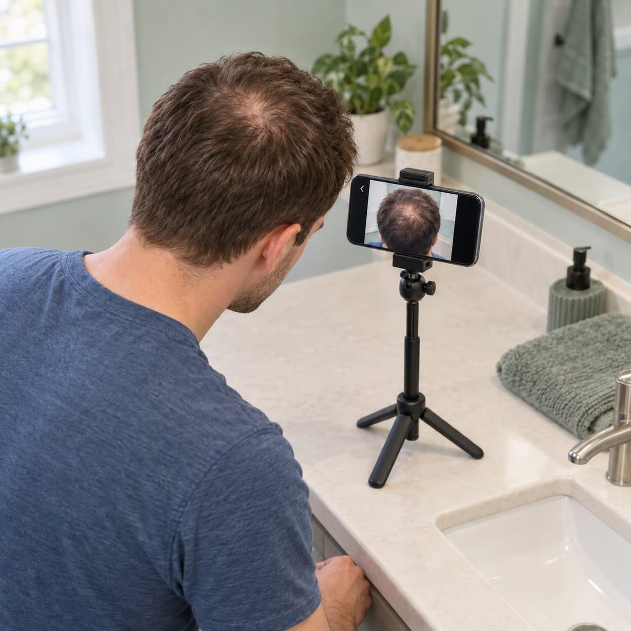 A man reviewing a saved photograph of his crown on a phone mounted on a small tripod
