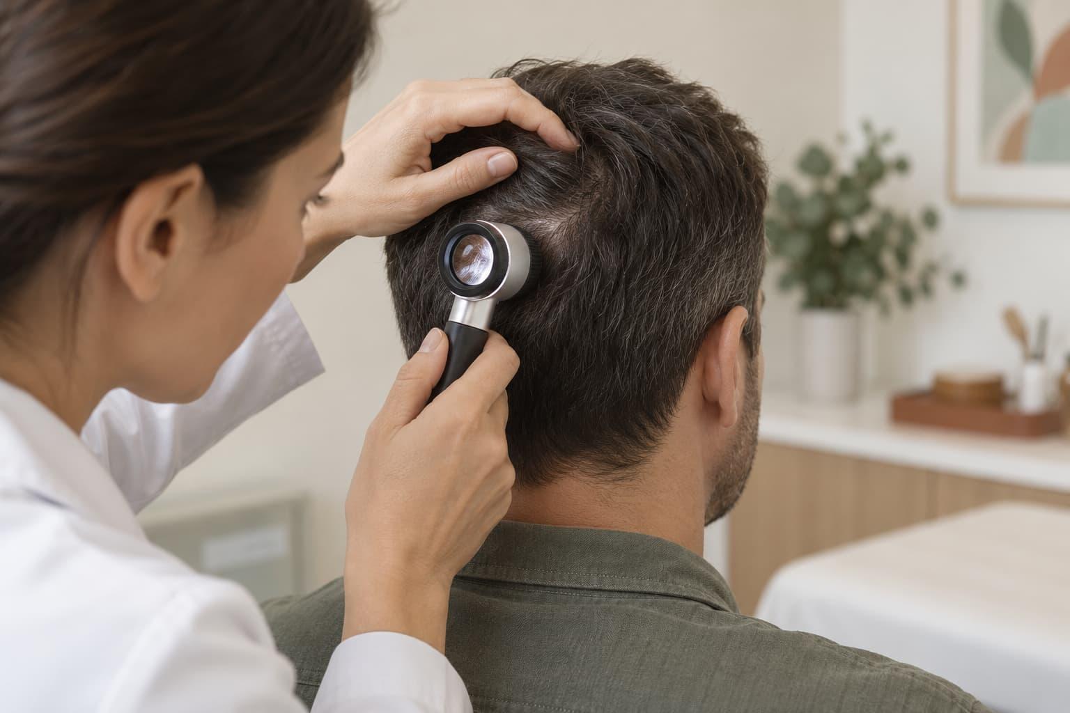 A clinician examining a man's donor hair at the back of the scalp with a dermatoscope