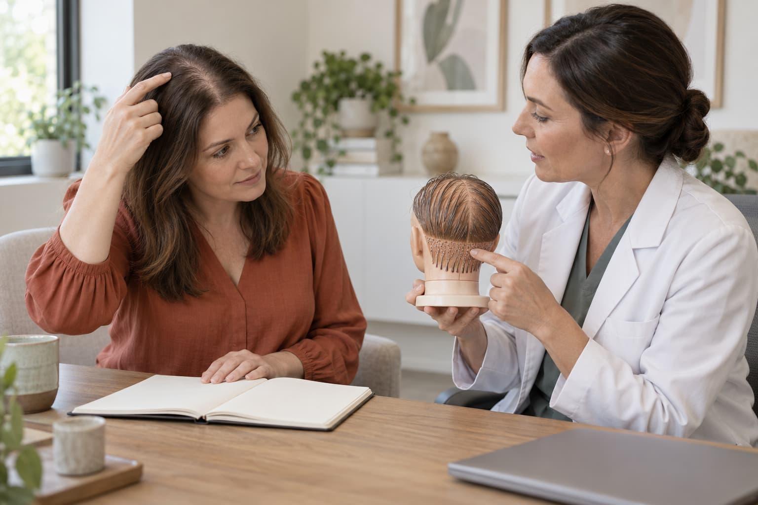 An adult discussing a proposed scalp hair-transplant plan with a clinician in a consultation room