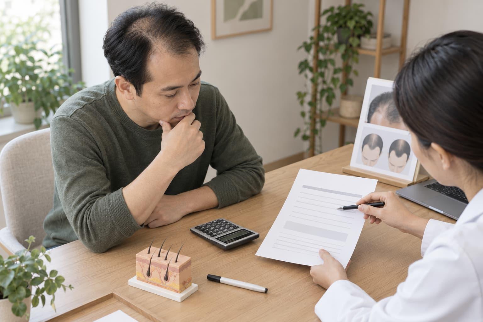 Two adults comparing itemised hair-transplant quotation documents with a calculator on a desk