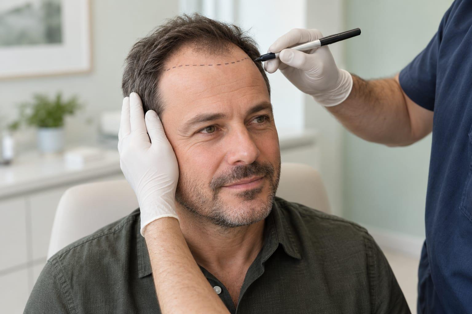 A clinician planning a proposed hairline with a skin marker during an adult man's hair transplant consultation