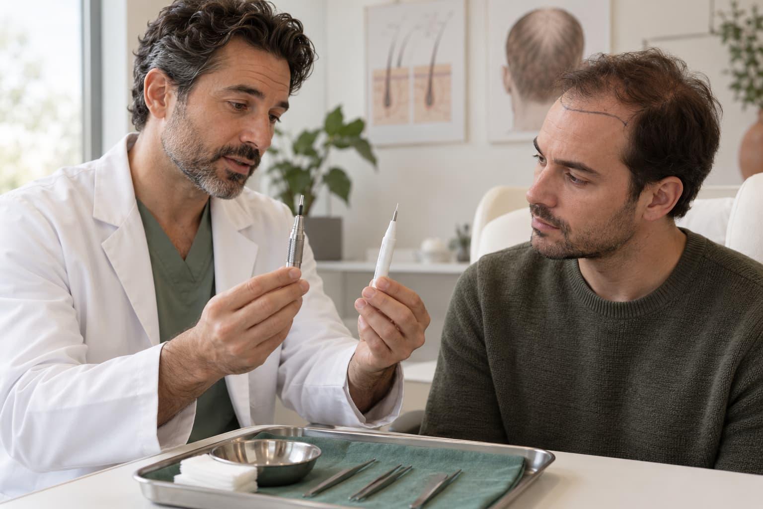 A clinician showing a donor punch and an implanter tool during a man's hair transplant consultation